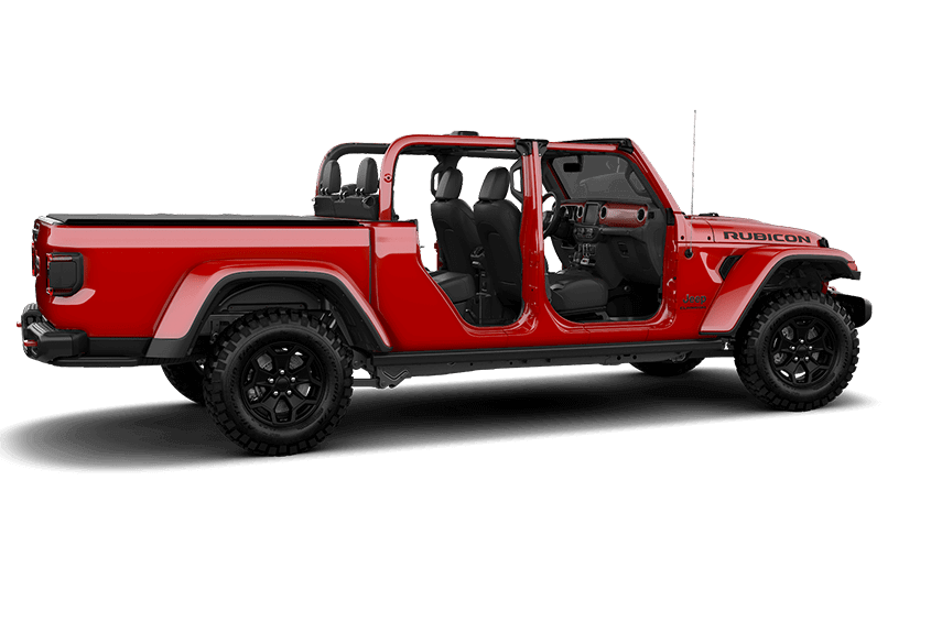 Jeep Gladiator na cor vermelha sem Portas, Teto e com para-brisa em fundo transparente.