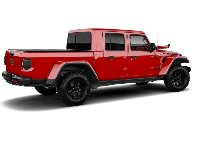 Jeep Gladiator na cor vermelha com Portas, Teto e sem Para-Brisa em fundo transparente.