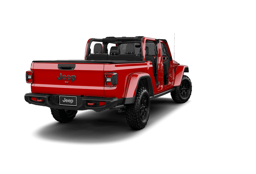 Jeep Gladiator na cor vermelha sem Portas, Teto e com para-brisa em fundo transparente.
