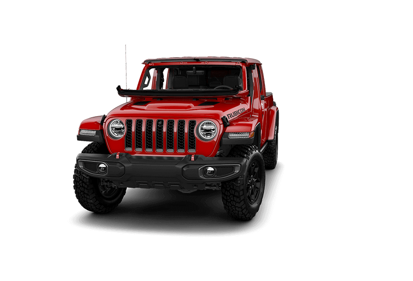 Jeep Gladiator na cor vermelha sem Portas, Para-Brisa e com Teto em fundo transparente.