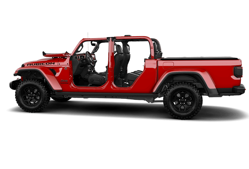 Jeep Gladiator na cor vermelha sem Portas, Para-Brisa e Teto em fundo transparente.