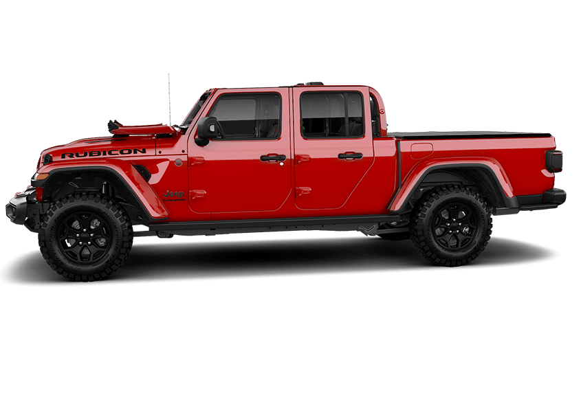 Jeep Gladiator na cor vermelha com Portas, sem Para-Brisa e Teto em fundo transparente.
