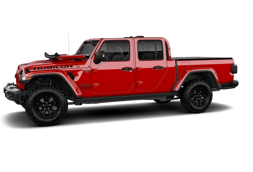 Jeep Gladiator na cor vermelha com Portas, sem Para-Brisa e Teto em fundo transparente.