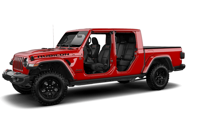 Jeep Gladiator na cor vermelha sem Portas, com Para-Brisa e Teto em fundo transparente.