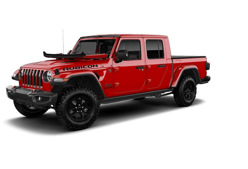 Jeep Gladiator na cor vermelha com Portas, Teto e sem Para-Brisa em fundo transparente.