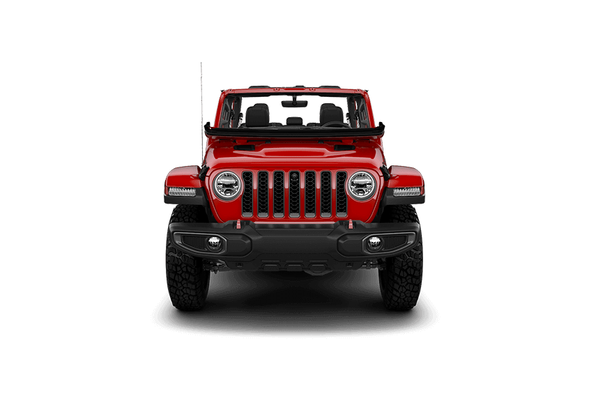 Jeep Gladiator na cor vermelha sem Portas, Para-Brisa e Teto em fundo transparente.