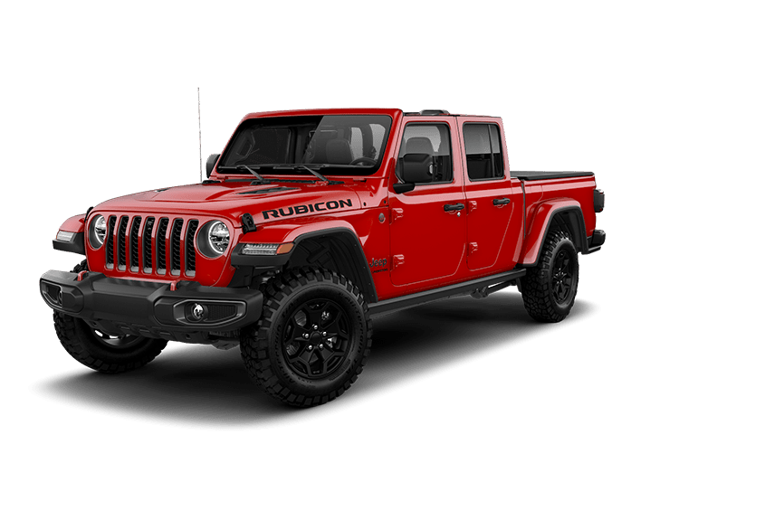 Jeep Gladiator na cor vermelha com Portas, Para-Brisa e sem Teto em fundo transparente.