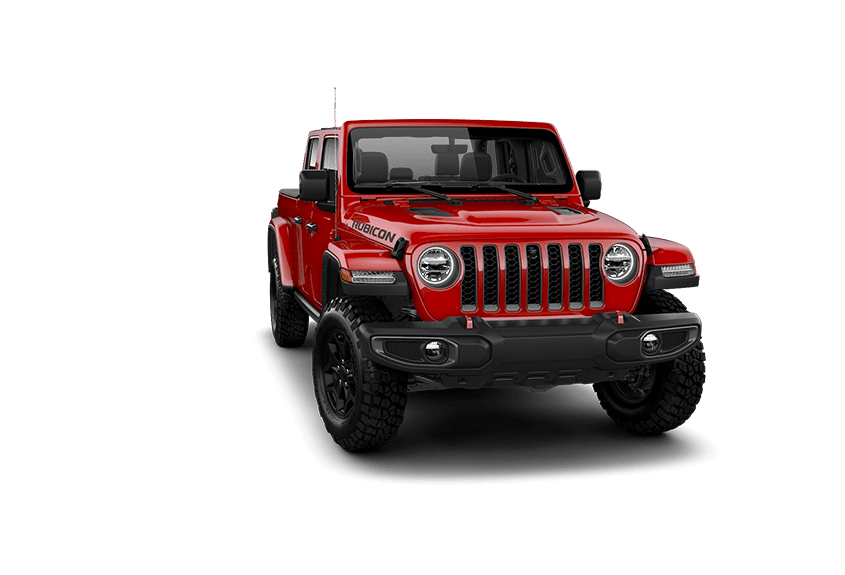 Jeep Gladiator na cor vermelha com Portas, Para-Brisa e sem Teto em fundo transparente.