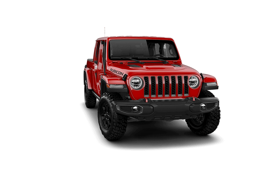 Jeep Gladiator na cor vermelha sem Portas, com Para-Brisa e Teto em fundo transparente.
