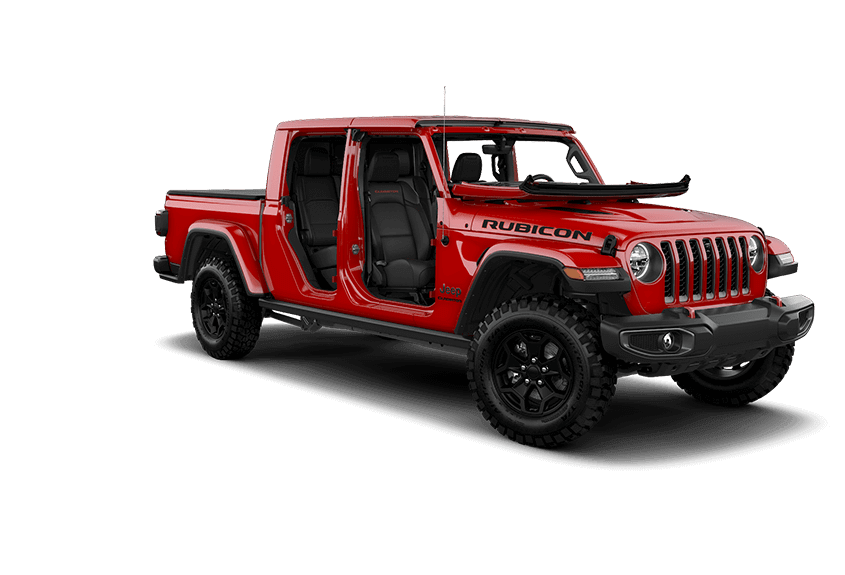Jeep Gladiator na cor vermelha sem Portas, Para-Brisa e com Teto em fundo transparente.