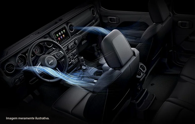 Interior do Jeep Gladiator com correntes de ar saindo do lado do motorista e do passageiros destacadas simulando ar-condicionado dual zone.