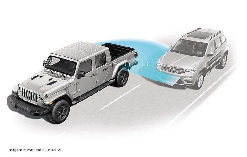 Semicírculo azul na traseira do Jeep Gladiator simula sensores do monitoramento de pontos cegos durante ultrapassagem de um carro pelo lado esquerdo da picape.