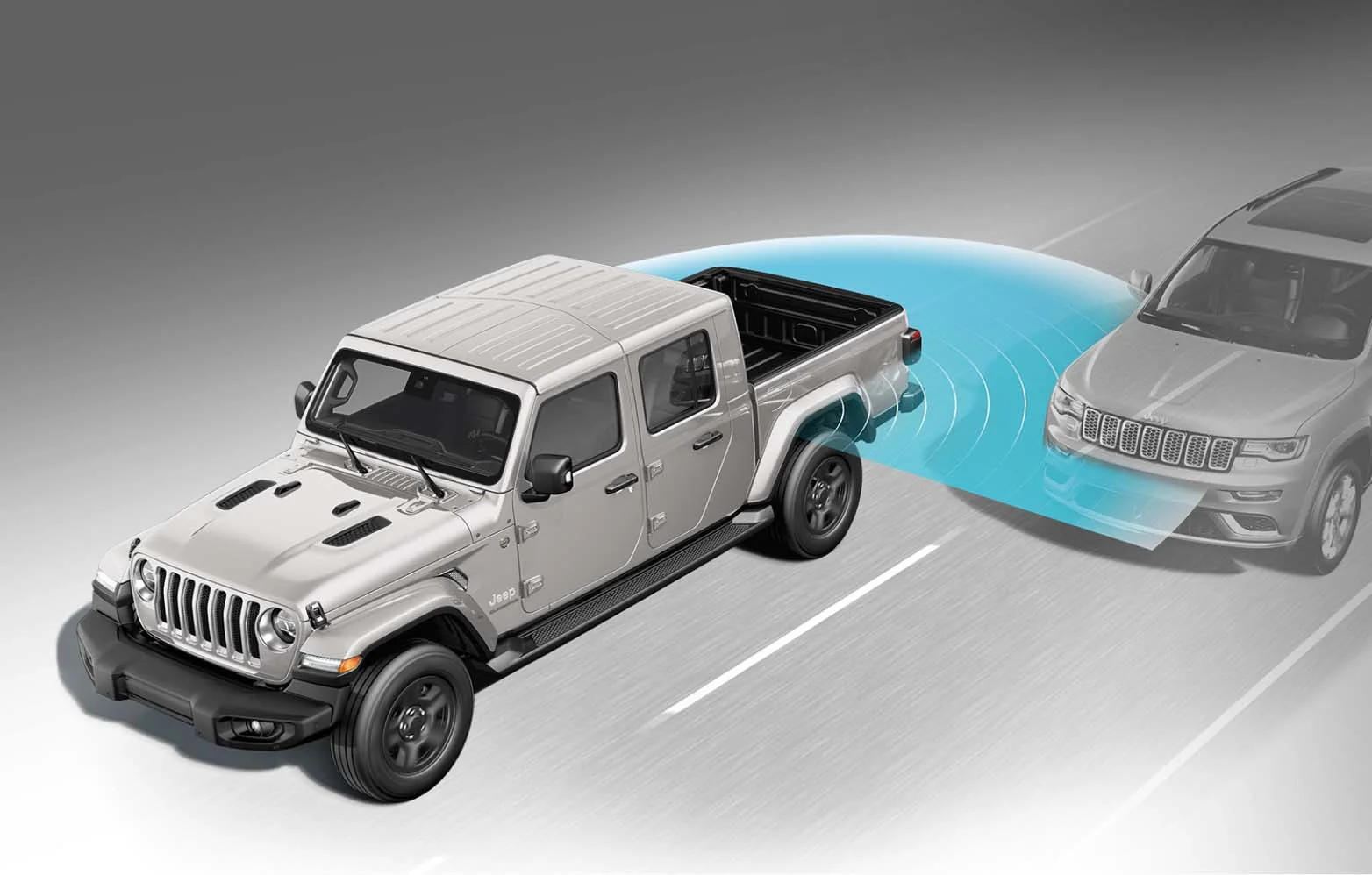 Semicírculo azul na traseira do Jeep Gladiator simula sensores das tecnologias semiautônomas da picape.